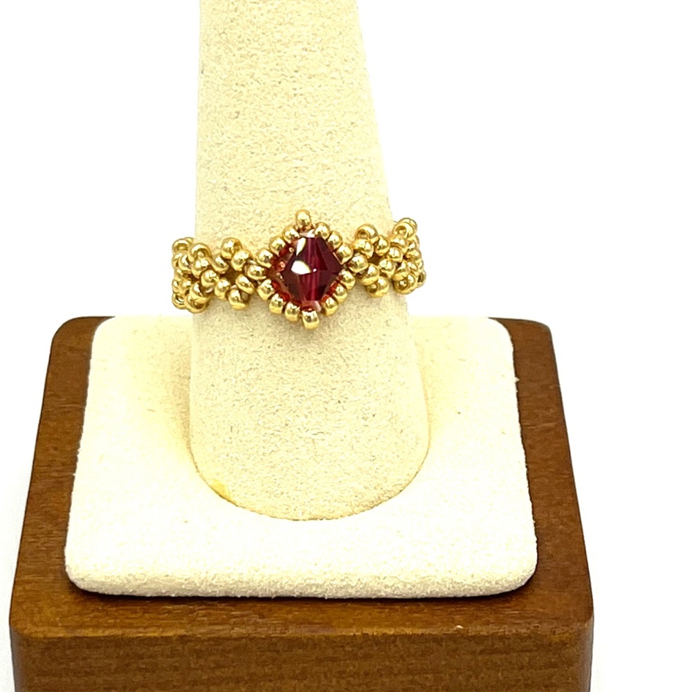 HAND CRAFTED Beaded Red Crystal Ring
